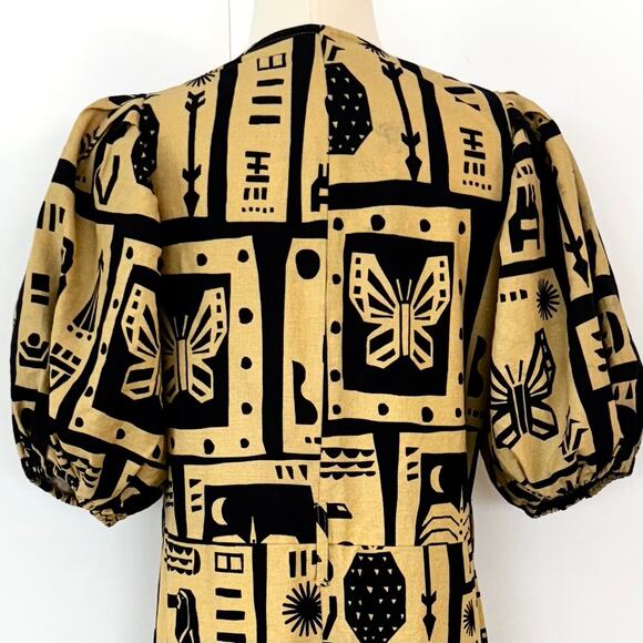 FARM Rio Linen Button-Down Jumpsuit Short Balloon Sleeve Beige/Black S - Picture 10 of 13